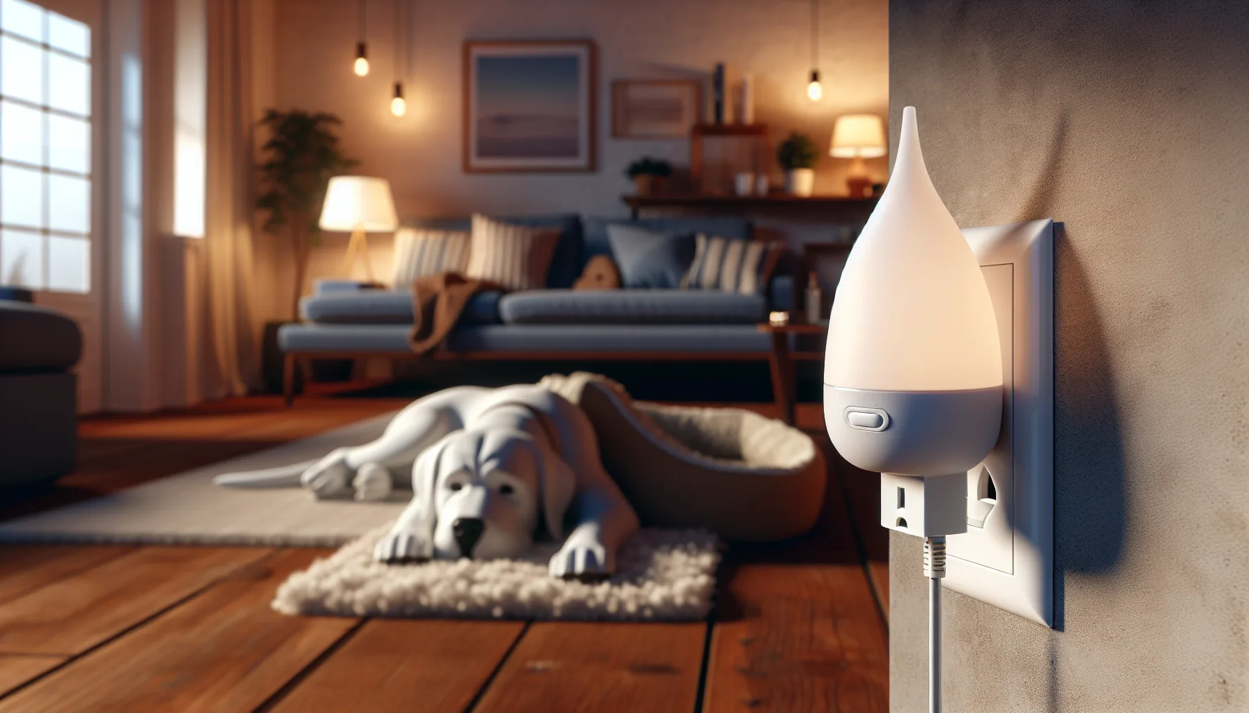 Calming plug-in diffuser in a living room near a dog bed