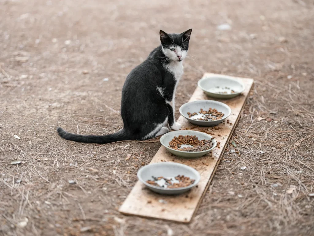 Cat eating from a food bowl in a kitchen