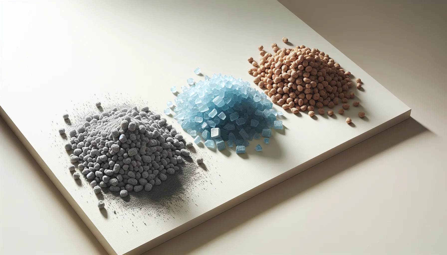 Three types of cat litter compared: clay, crystal and wood pellet
