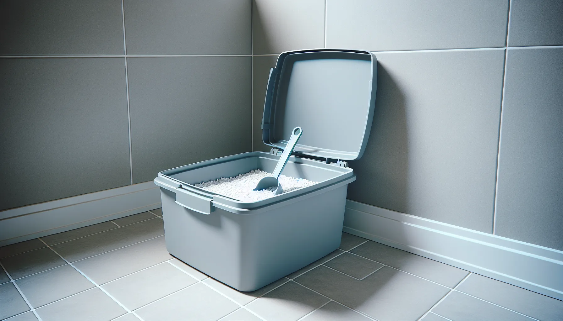 Covered cat litter box with scoop and clean white litter