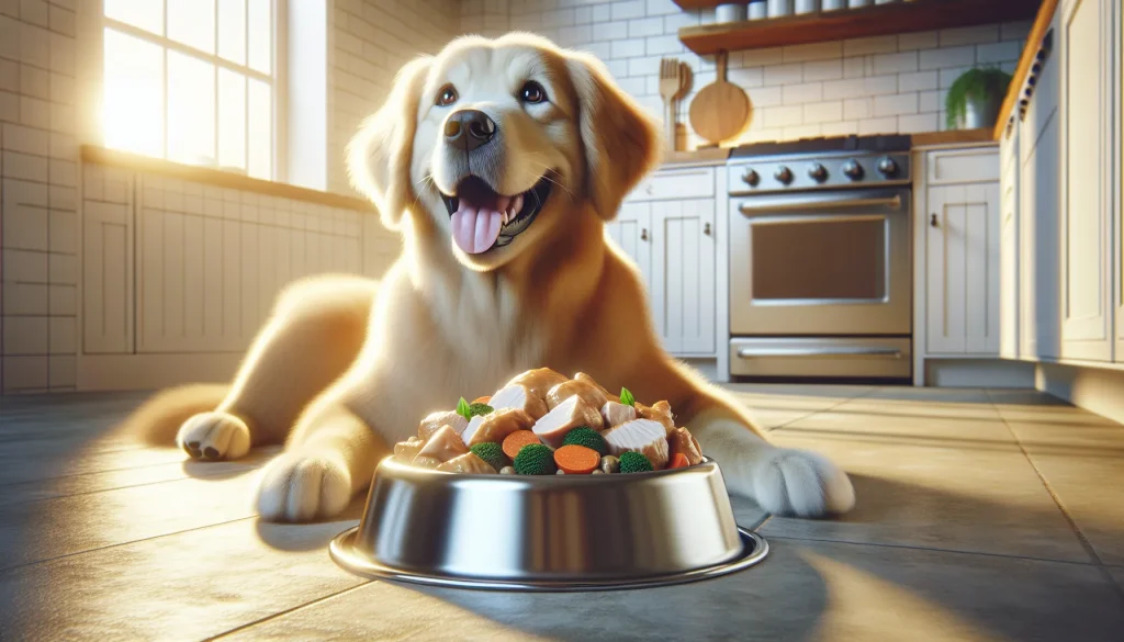 Dog beside a bowl of fresh cooked food in a kitchen
