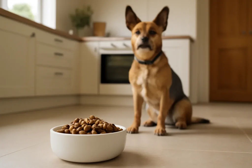 Dog kibble in a bowl for monthly dog food cost planning