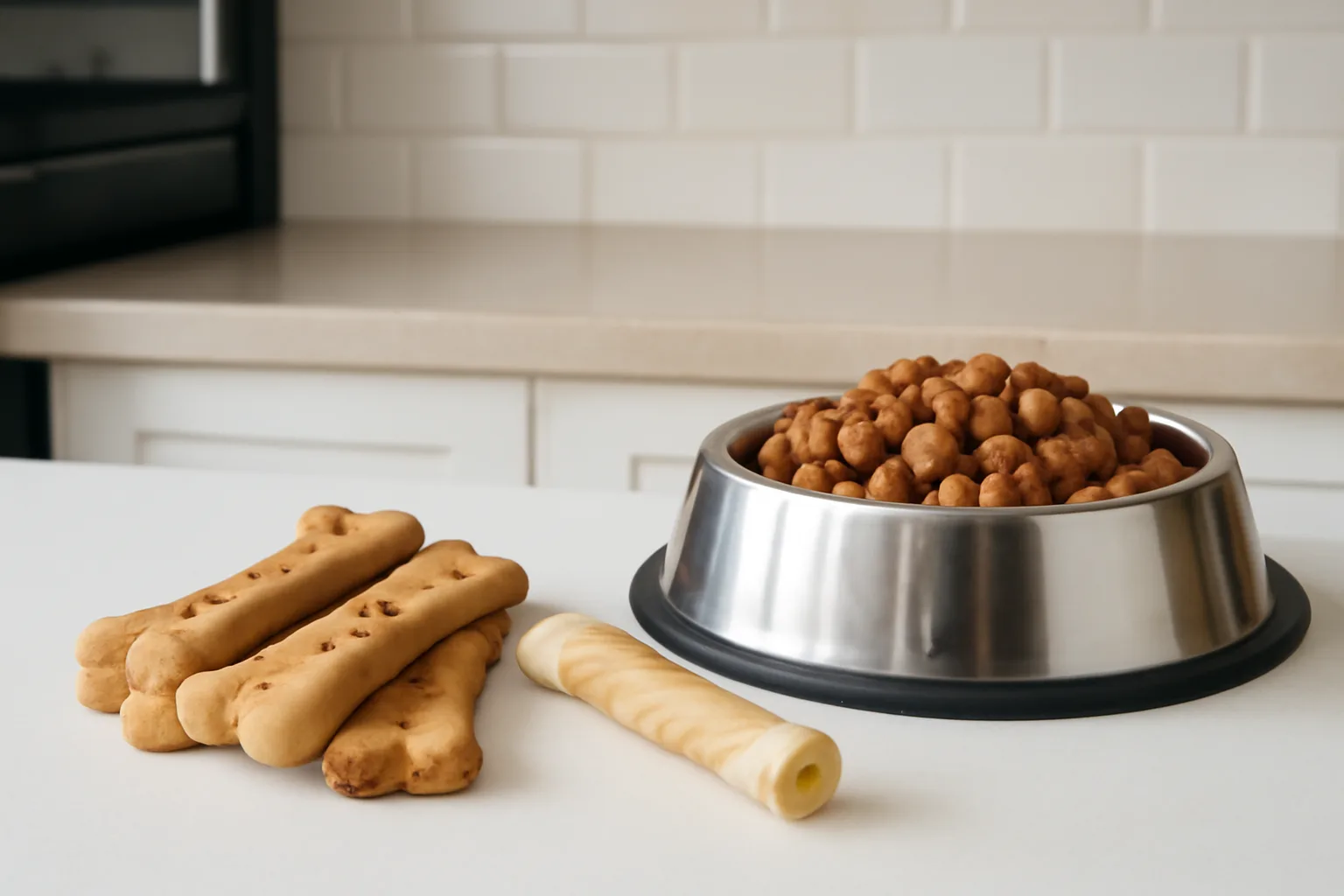 Dog treats beside a food bowl showing monthly feeding extras