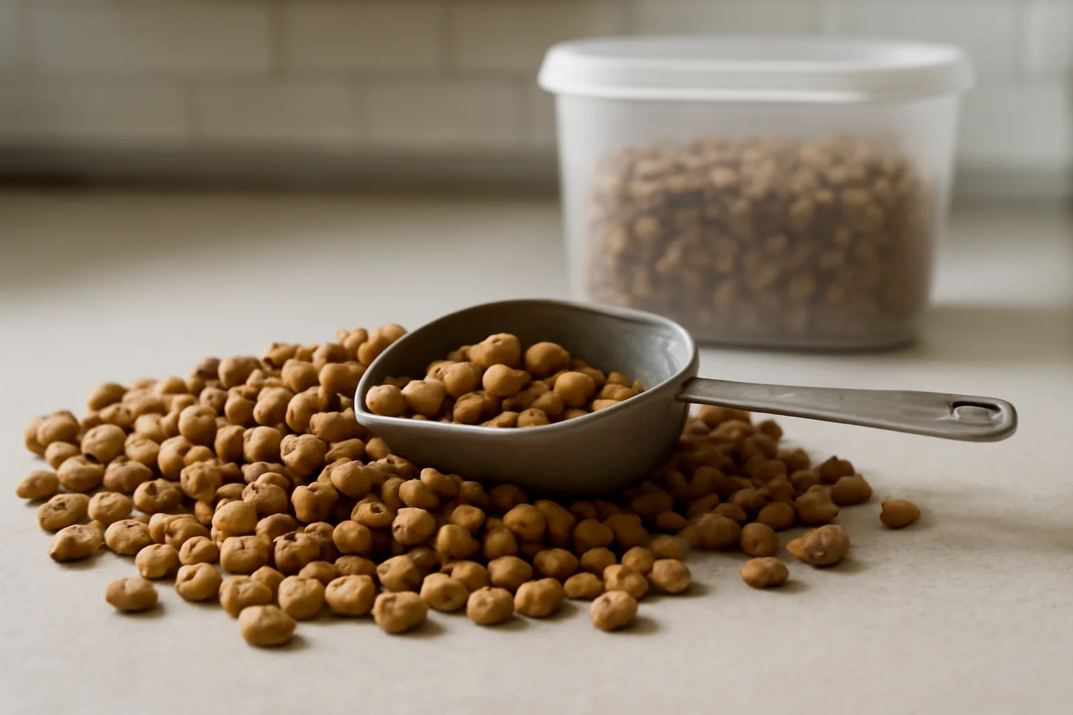 Measuring scoop of dry dog food kibble for cost per day