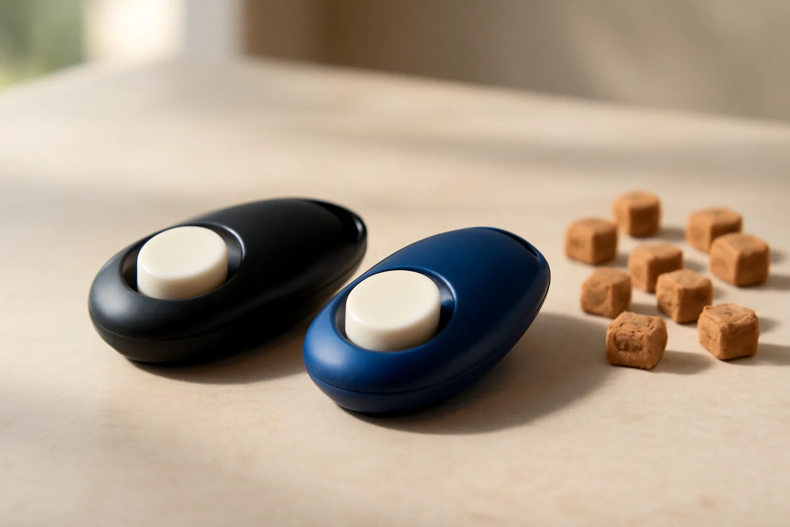 Close-up of dog training clickers and small treats