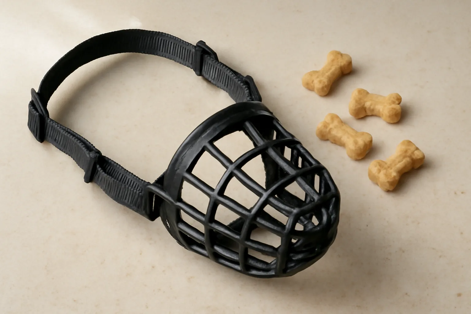 Dog muzzle and treats for positive muzzle training