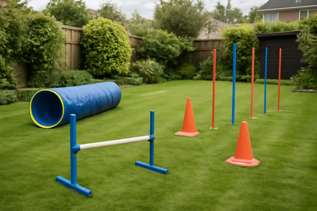 Dog agility starter set with tunnel and weave poles on a garden lawn