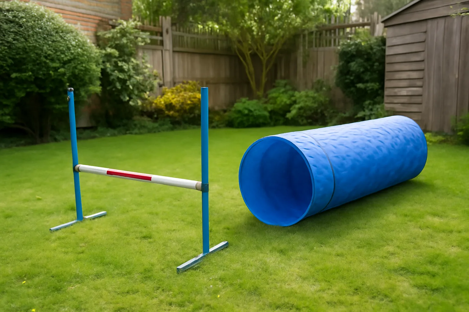 Low dog agility hurdle and tunnel set up for garden training