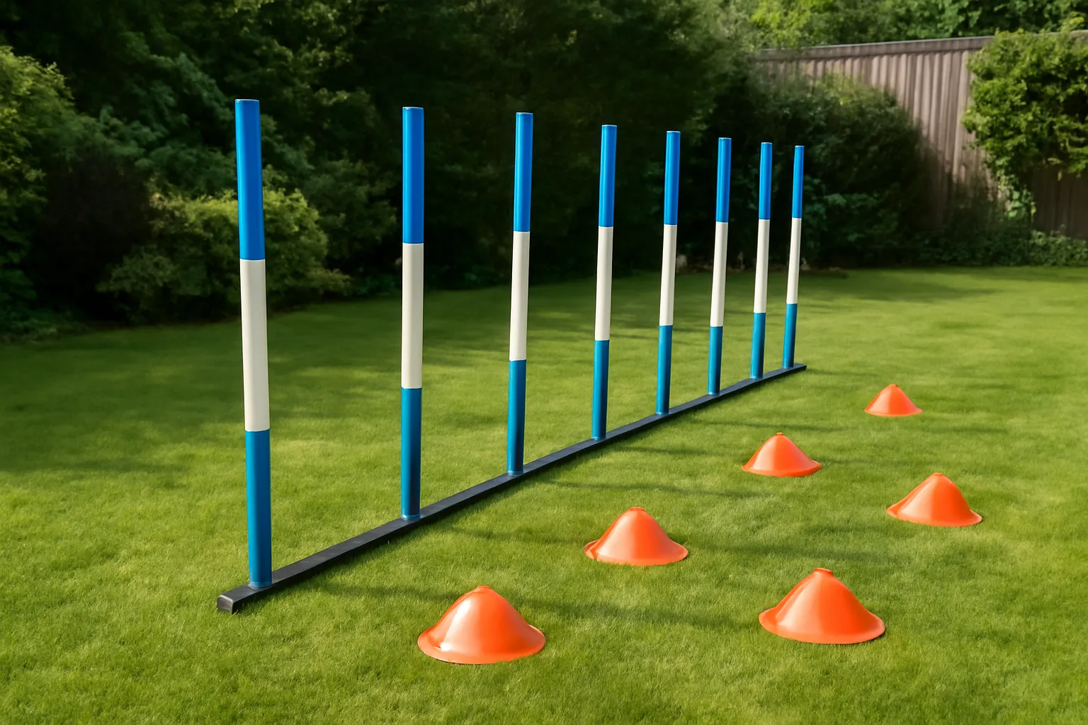 Dog agility weave poles and cones arranged on a garden lawn